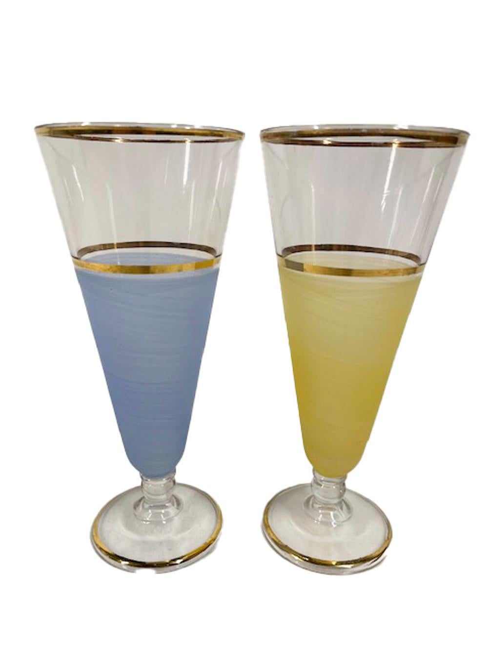 Mid-Century Pastel Frosted Pilsner Glasses with 22 Karat Gold Rims For Sale 1