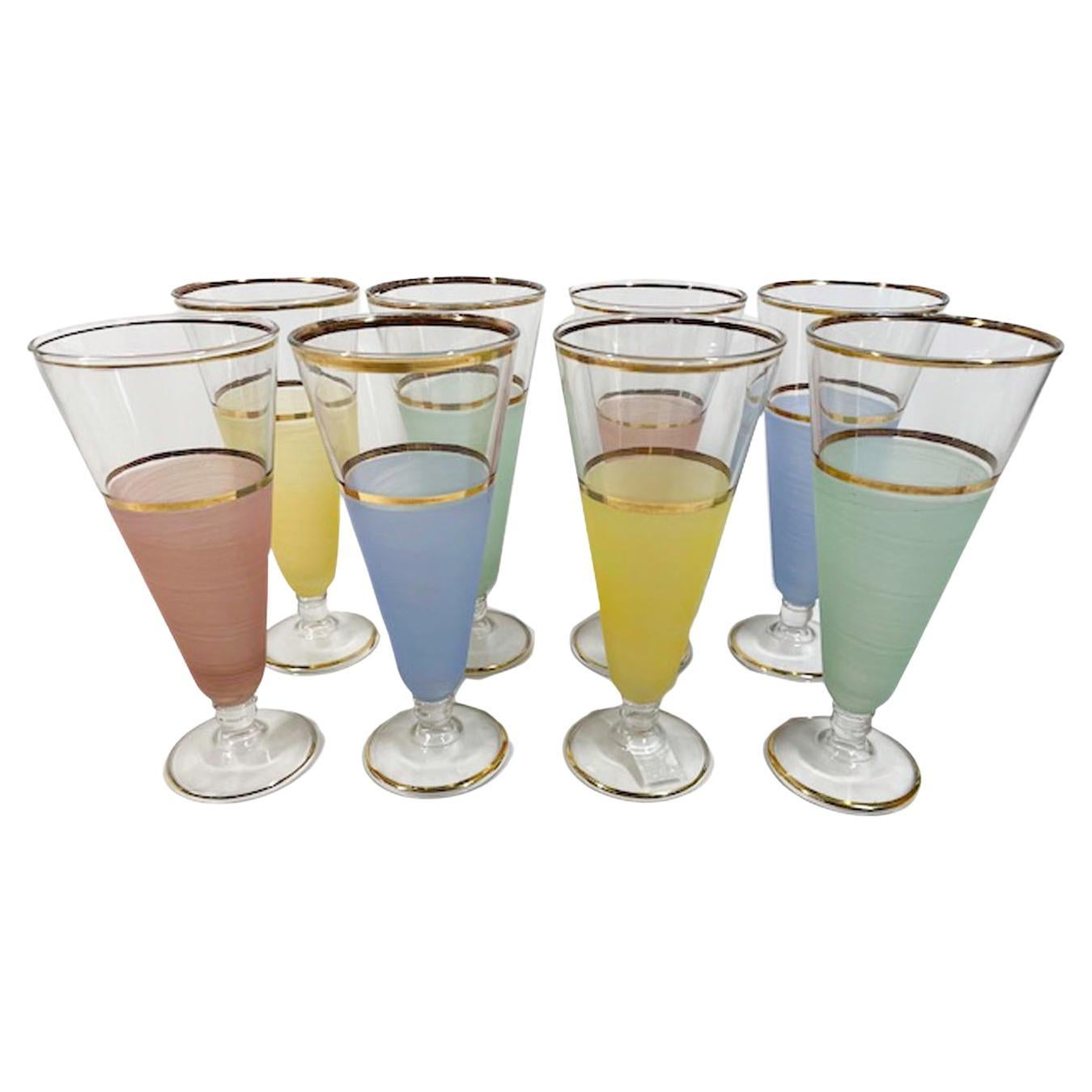 Mid-Century Pastel Frosted Pilsner Glasses with 22 Karat Gold Rims For Sale