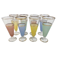 Mid-Century Pastel Frosted Pilsner Glasses with 22 Karat Gold Rims