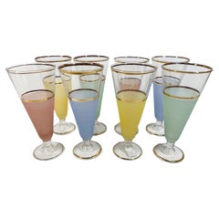 Vintage Mid-Century Pastel Frosted Pilsner Glasses with 22 Karat Gold Rims