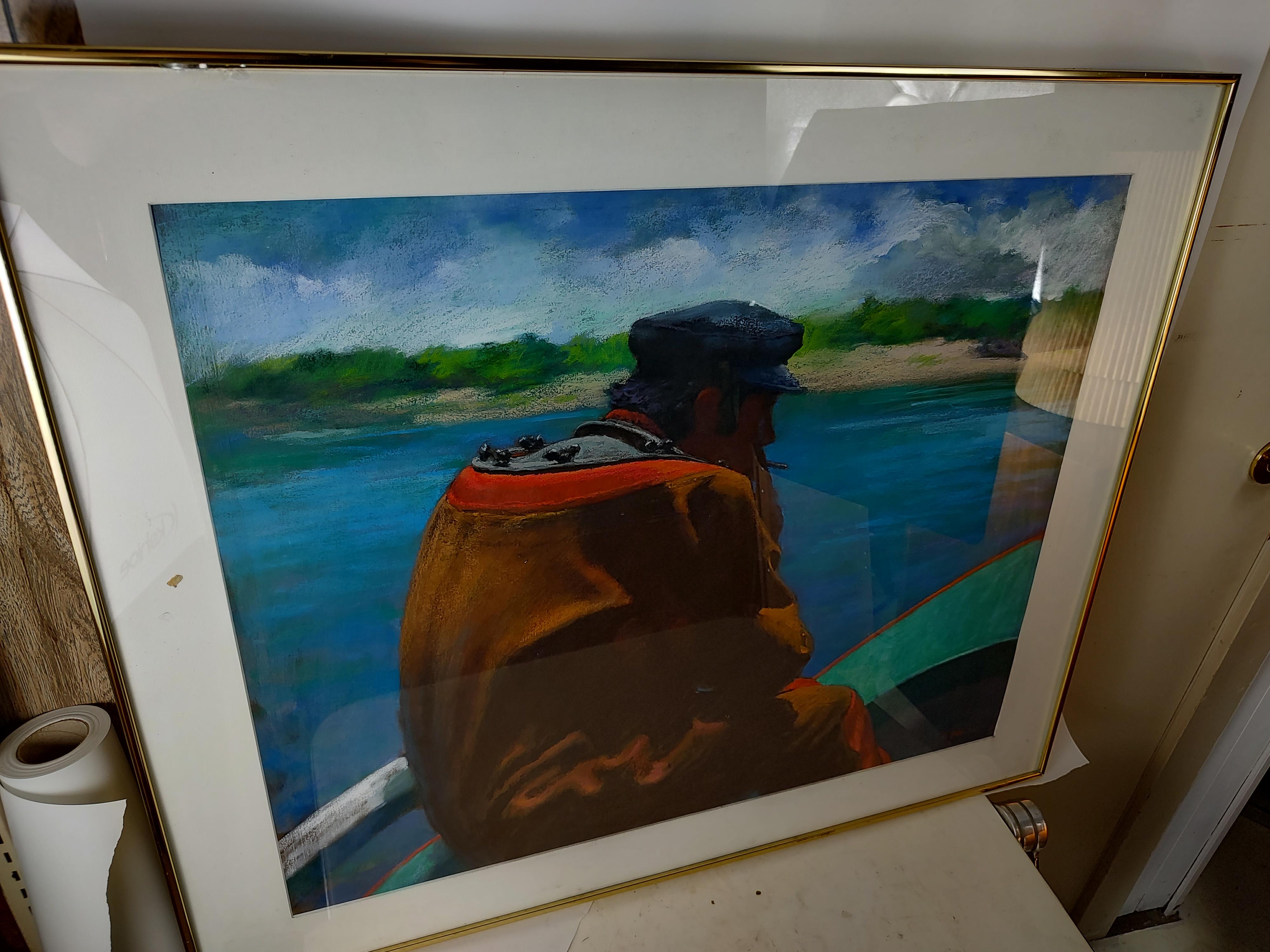 Großes pastellfarbenes „Sponge Diver Tarpon Springs Flat“ von Americo Di Franza, Mitte des Jahrhunderts im Angebot 1