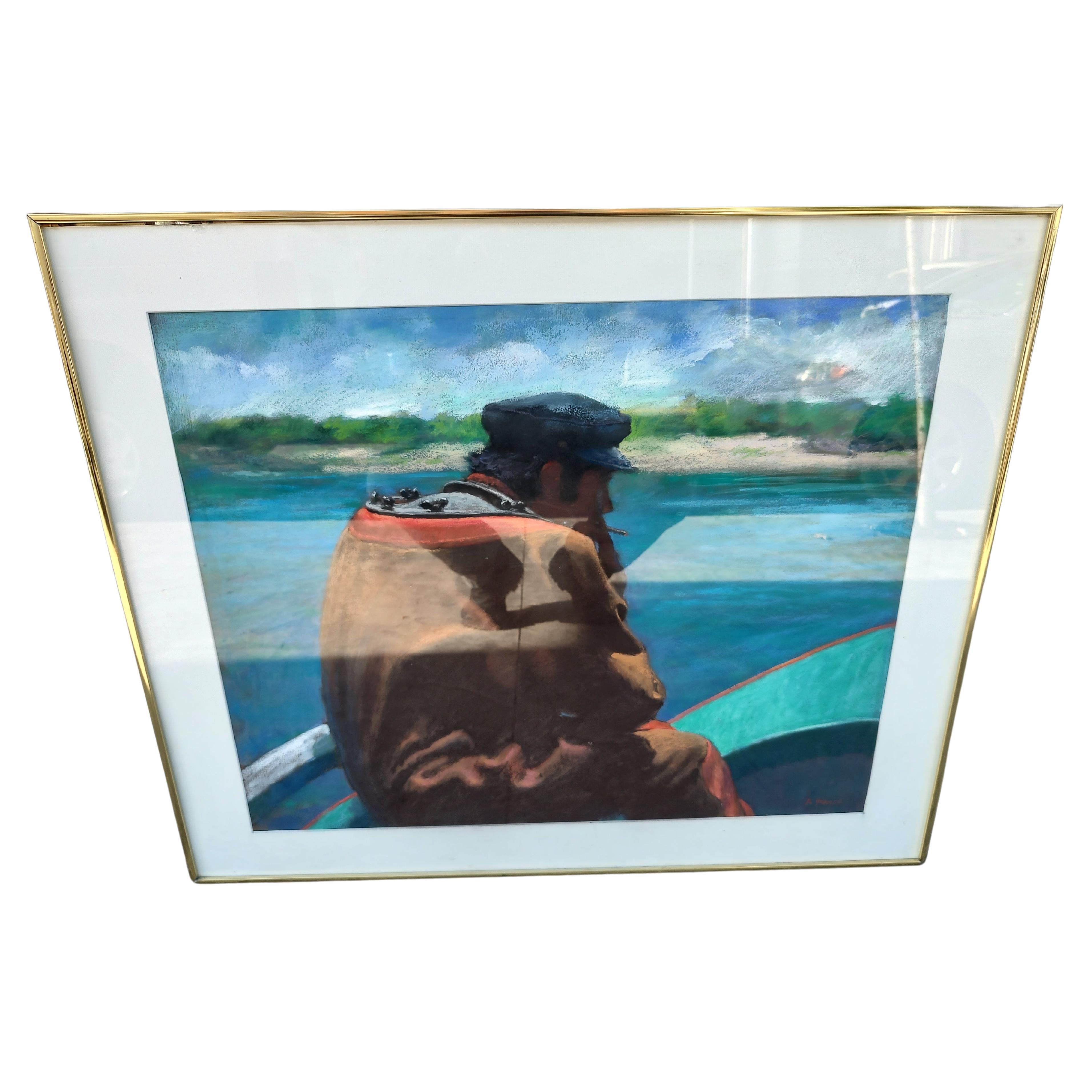 Beautifully executed pastel of a Sponge Diver in amazing colors. Signed lower right corner Americo Di Franza is the artist. In excellent condition.