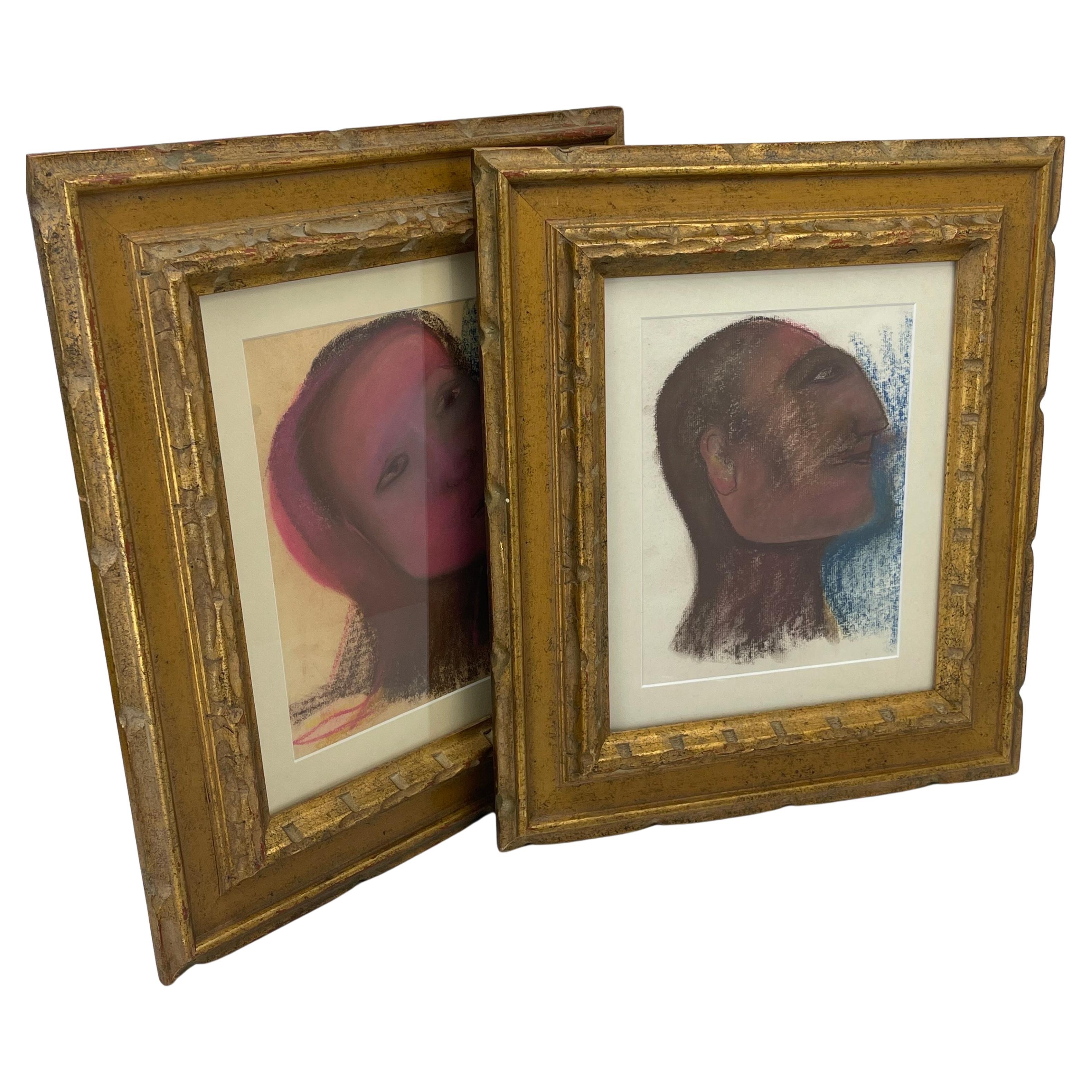 Wood Mid-Century Pastels on Paper Portraits Male Female Profile Set 