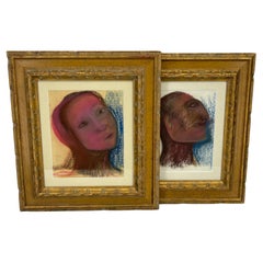 Mid-Century Pastels on Paper Portraits Male Female Profile Set