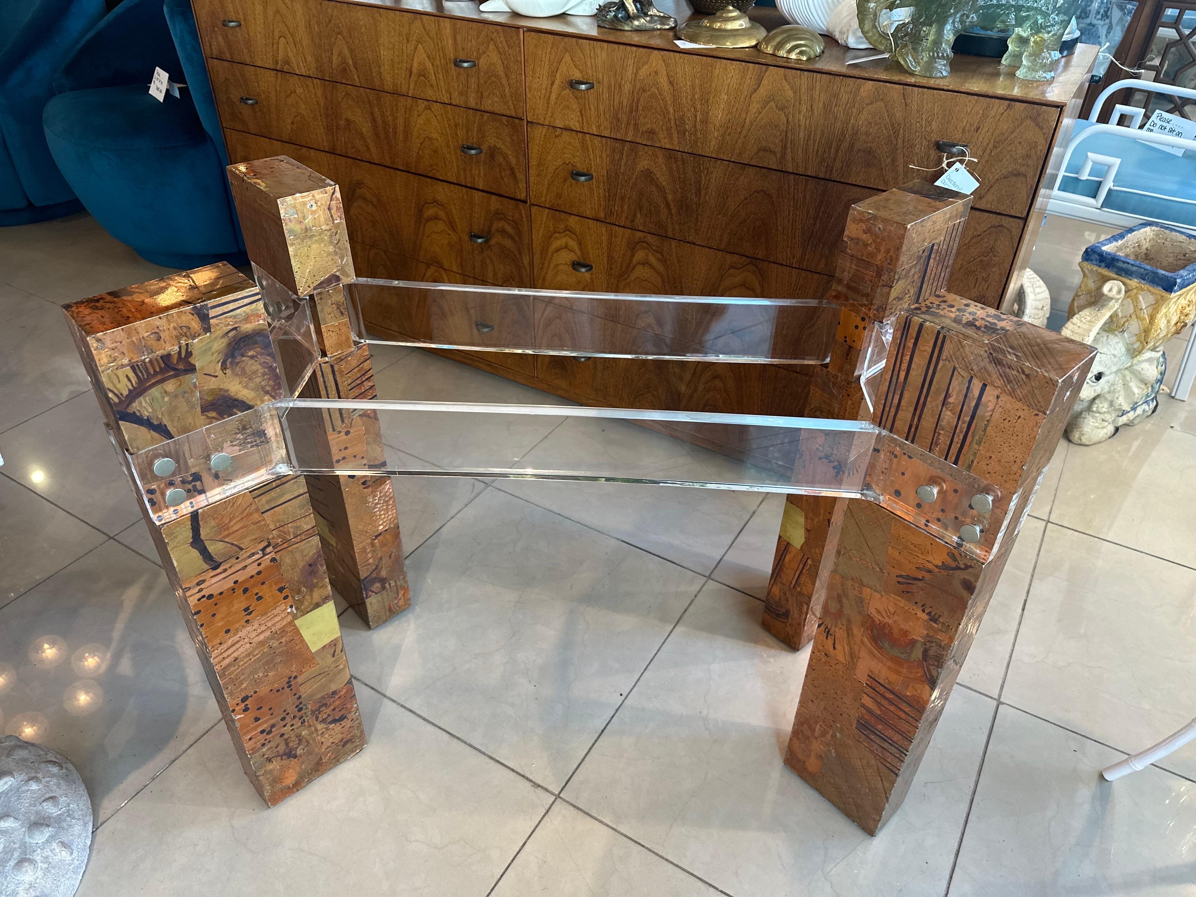 Mid Century Patchwork Metal Brass Copper Lucite Brutalist Dining Table Base  In Good Condition For Sale In West Palm Beach, FL