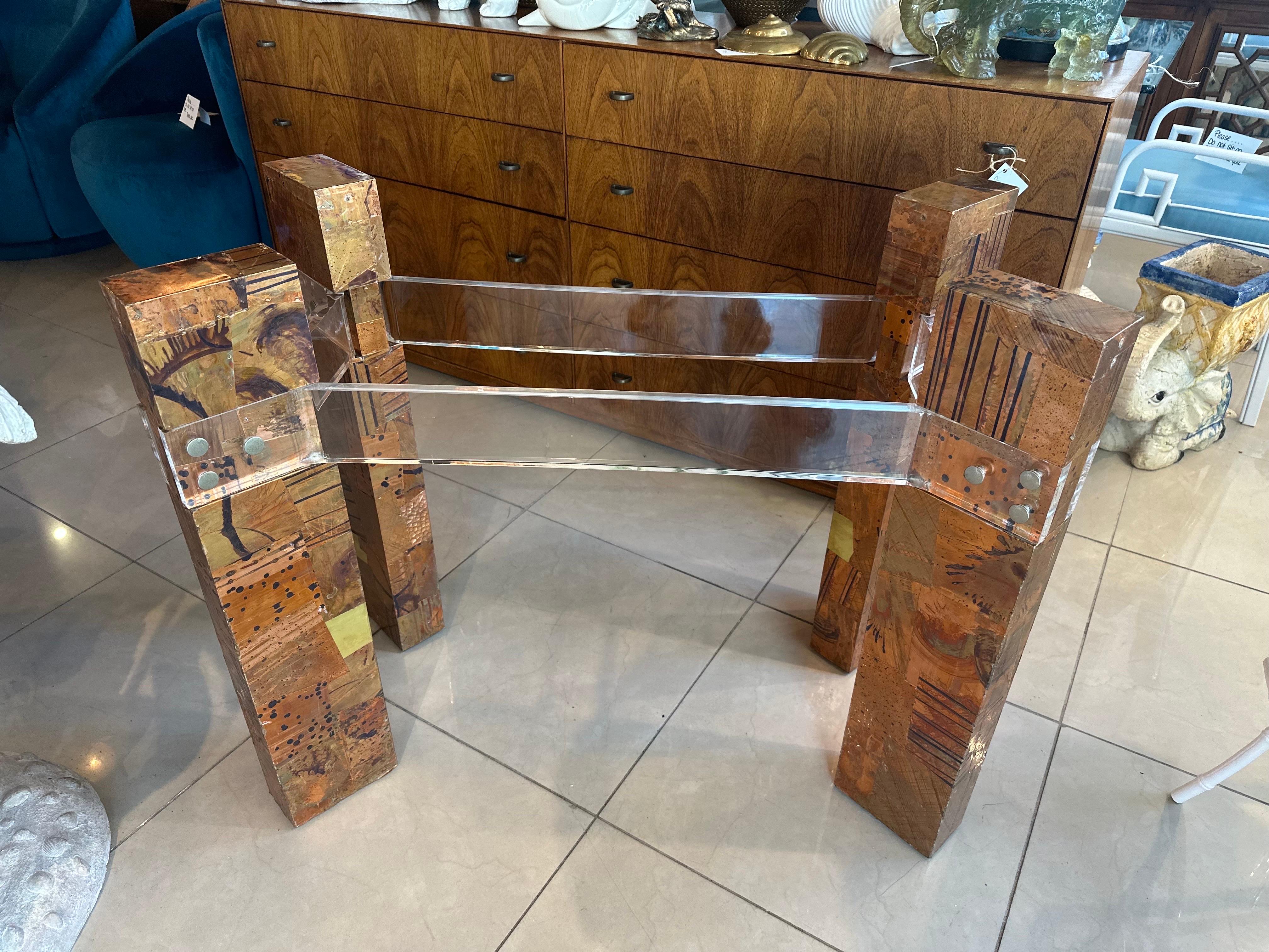 Mid Century Patchwork Metal Brass Copper Lucite Brutalist Dining Table Base  For Sale 3