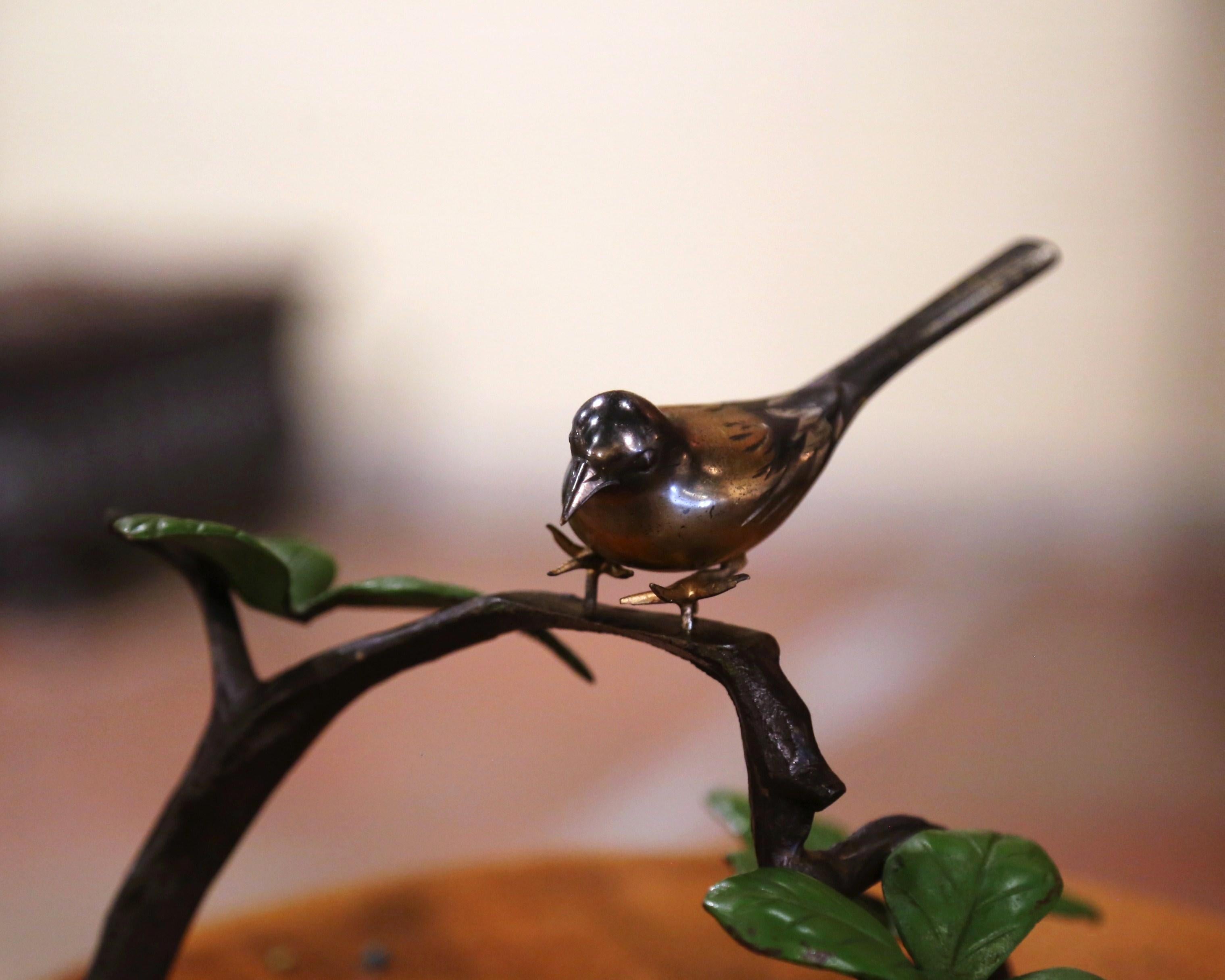 French Mid-Century Patinated Bronze Bird Resting on Branch with Foliage Sculpture For Sale