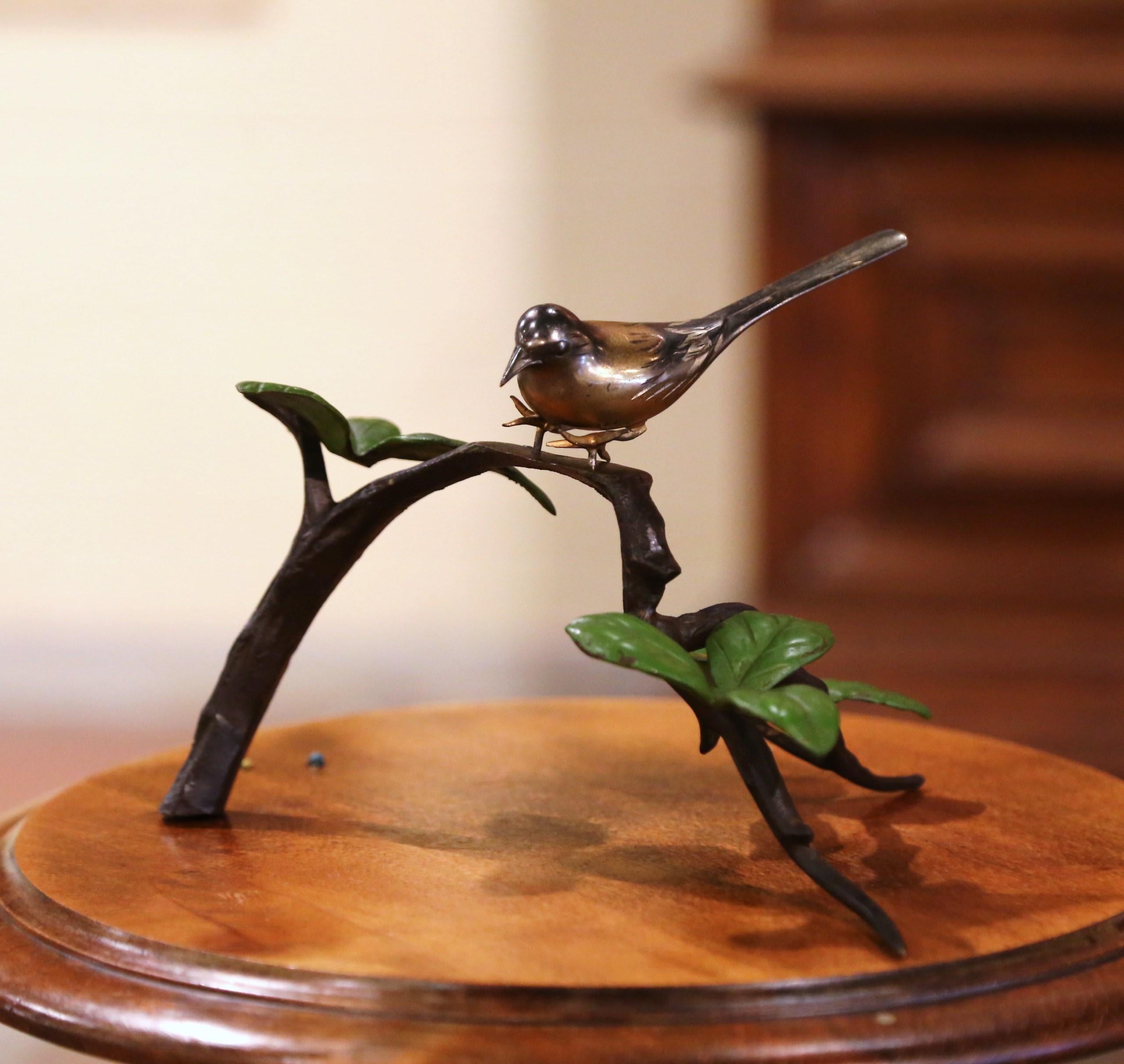 Cast Mid-Century Patinated Bronze Bird Resting on Branch with Foliage Sculpture For Sale
