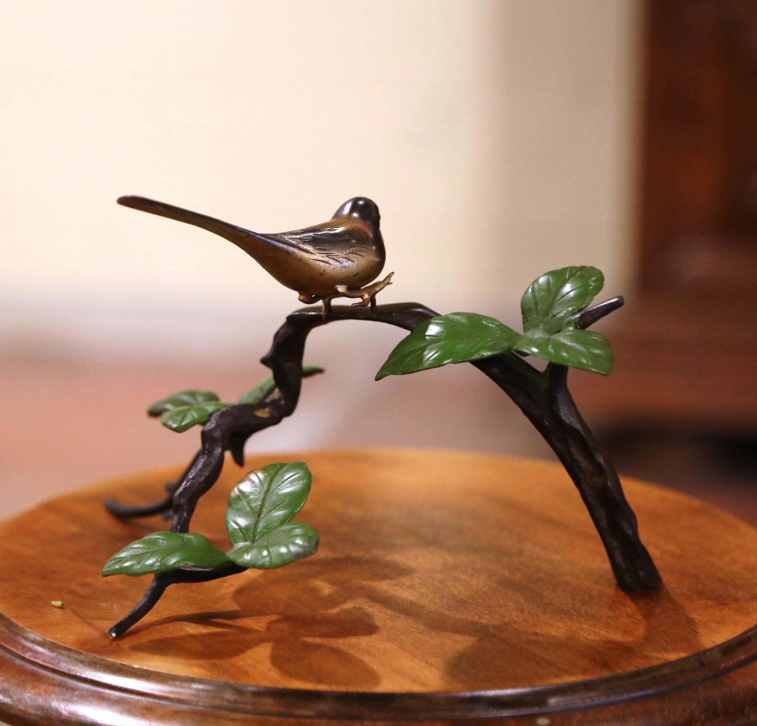 Mid-Century Patinated Bronze Bird Resting on Branch with Foliage Sculpture In Excellent Condition For Sale In Dallas, TX