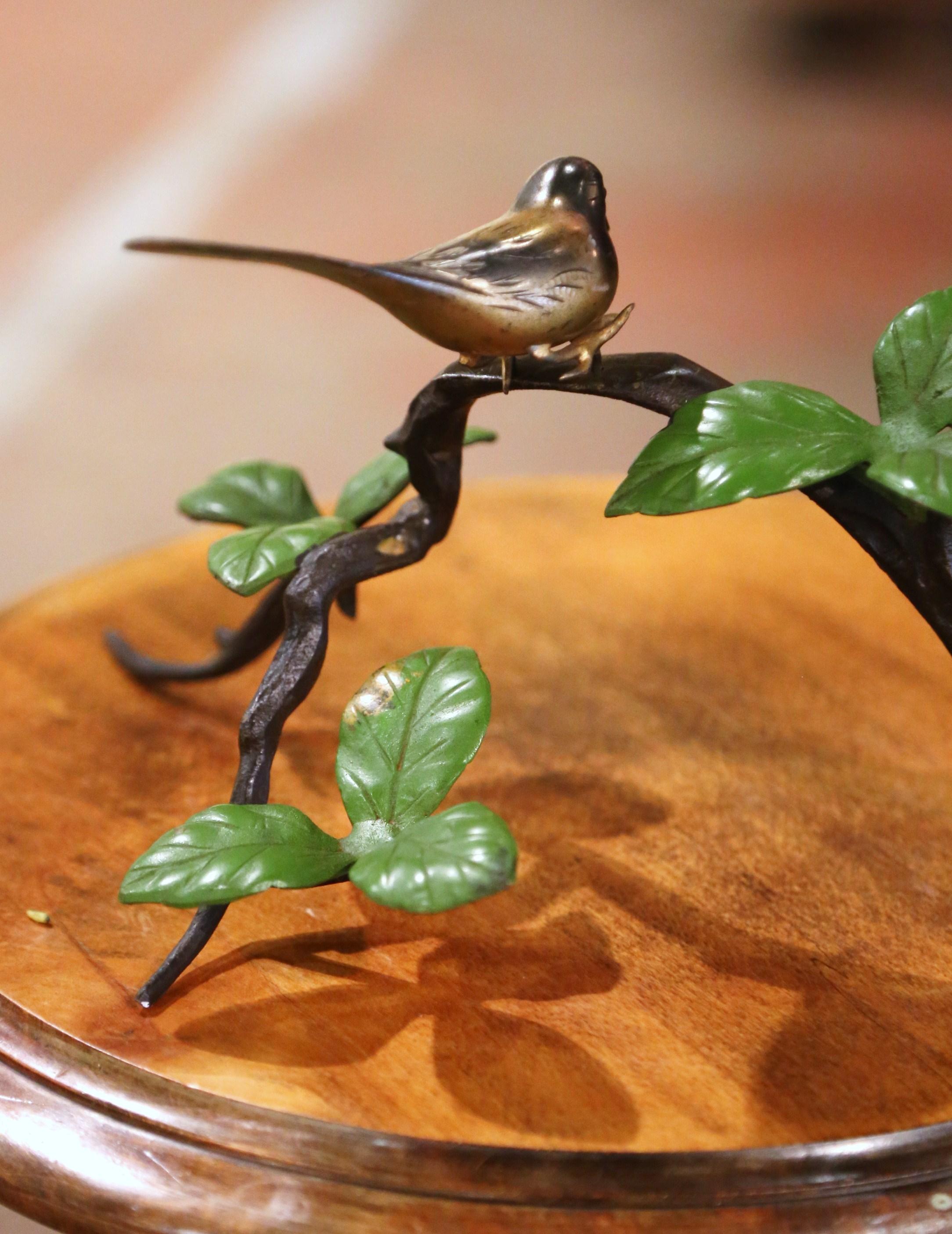 20th Century Mid-Century Patinated Bronze Bird Resting on Branch with Foliage Sculpture For Sale