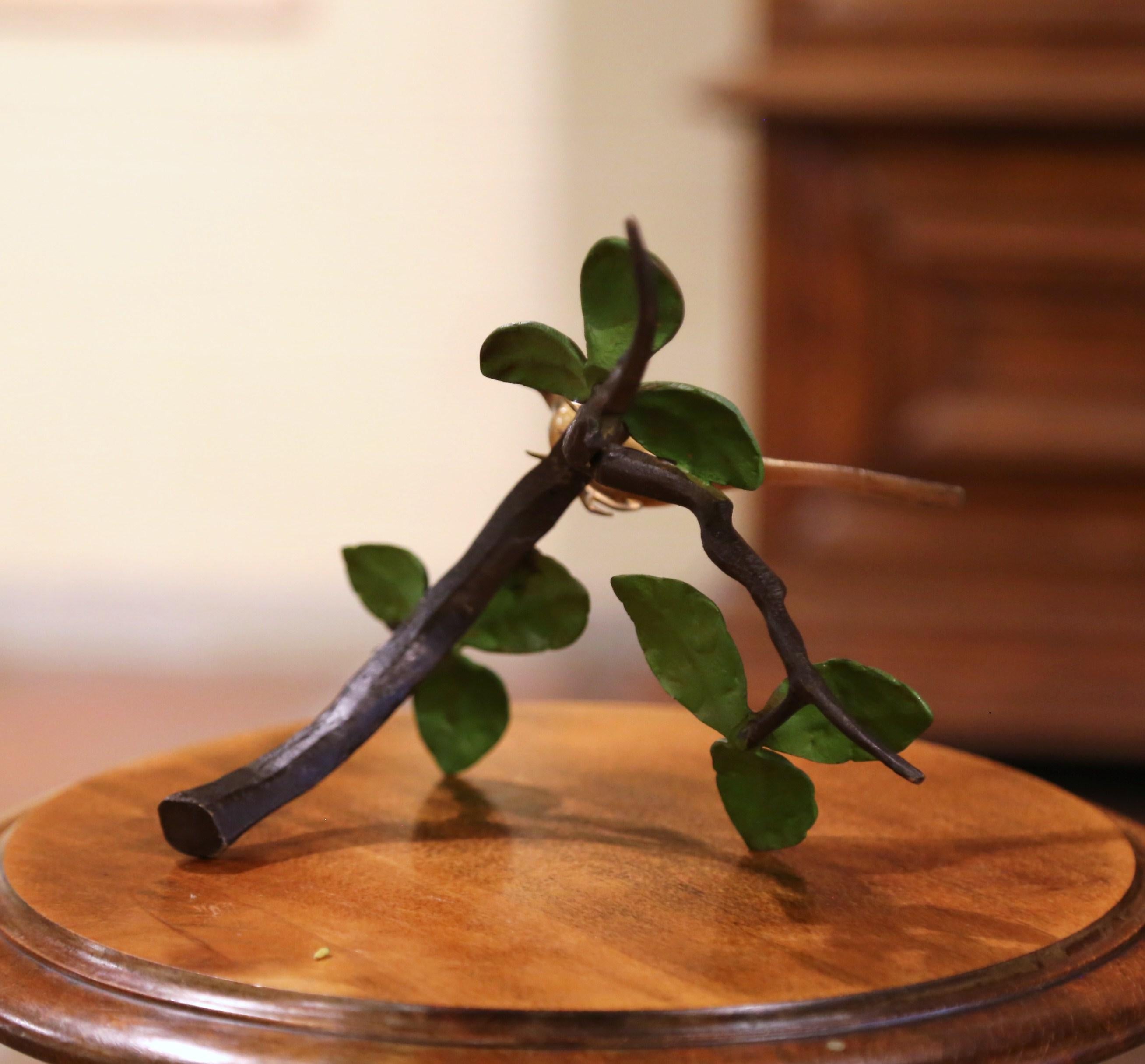 Mid-Century Patinated Bronze Bird Resting on Branch with Foliage Sculpture For Sale 2