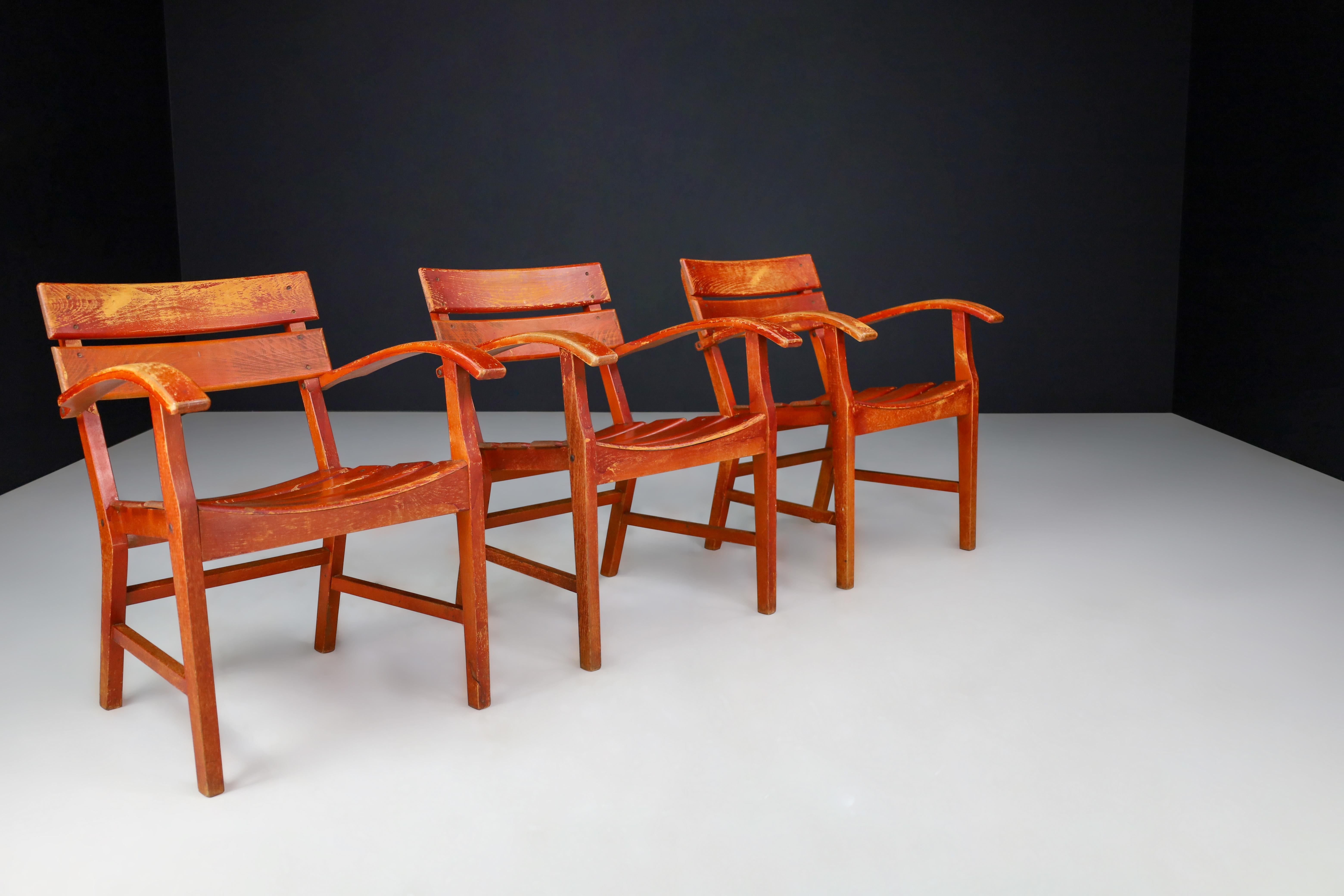 20th Century Midcentury Patinated French Oak Garden Armchairs, France 1950s For Sale