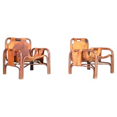Used Mid-Century Patinated Leather and Bamboo Lounge Chairs by Tito Agnoli Italy 1960