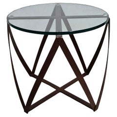 Mid Century Patinated Metal Drum Form Base and Glass Top Side Table
