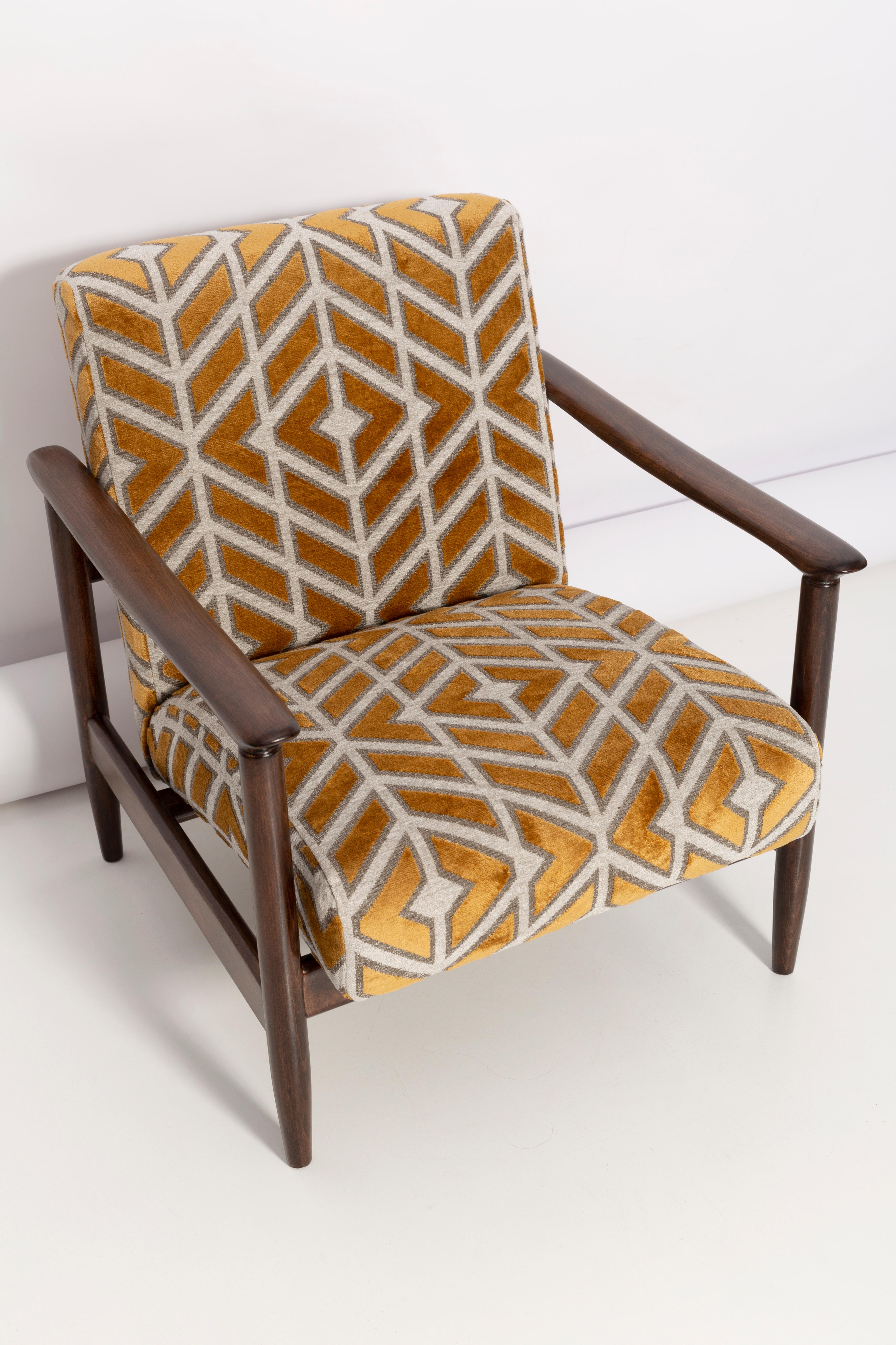 Beech Mid Century Pattern Velvet Mustard Armchair, by Edmund Homa, Europe, 1960s. For Sale