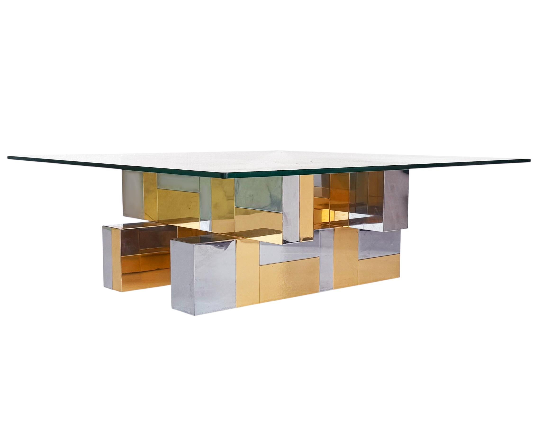 Mid-Century Modern Mid Century Paul Evans Cityscape Brass, Chrome and Glass Square Cocktail Table For Sale