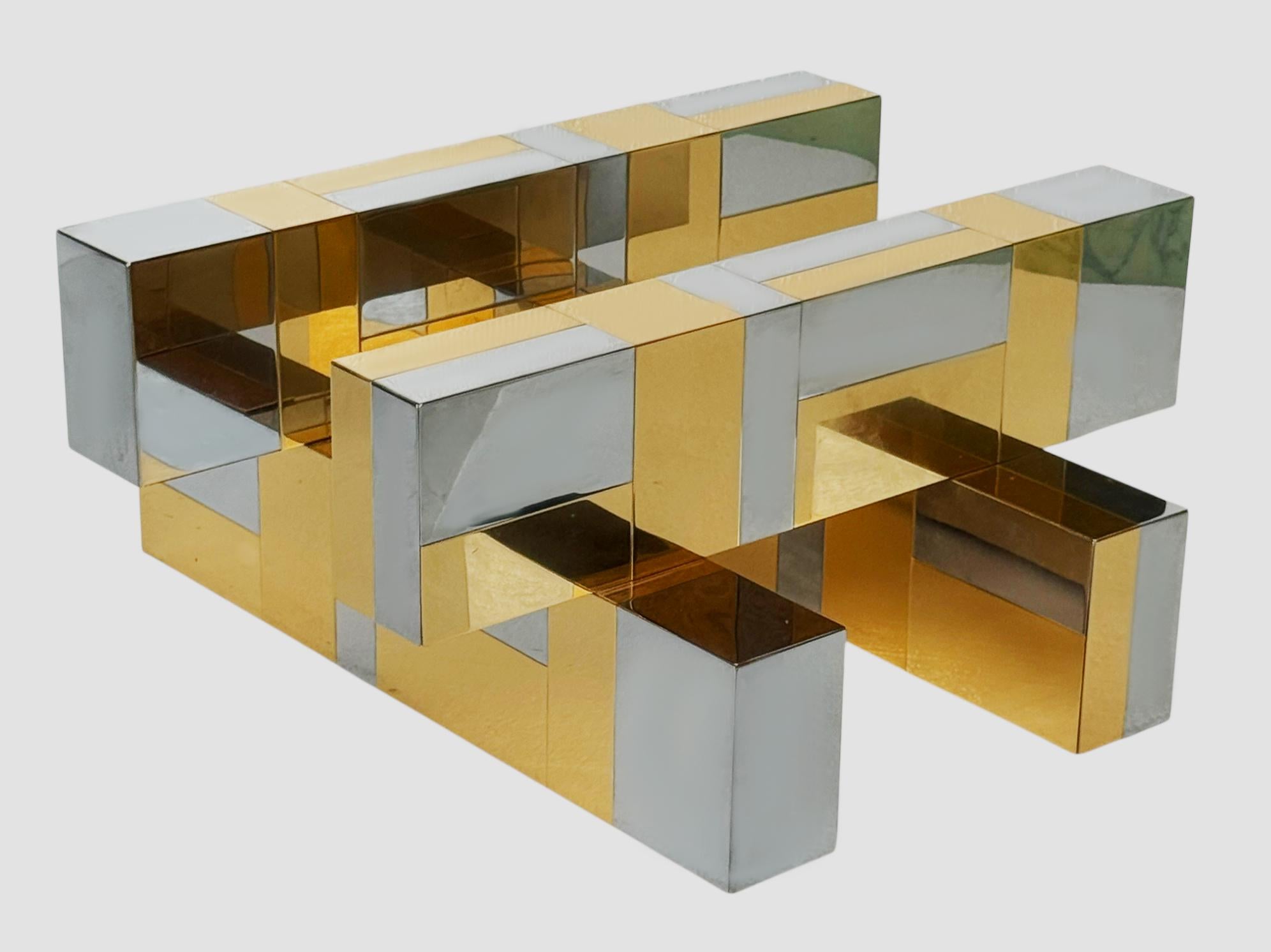 American Mid Century Paul Evans Cityscape Brass, Chrome and Glass Square Cocktail Table For Sale