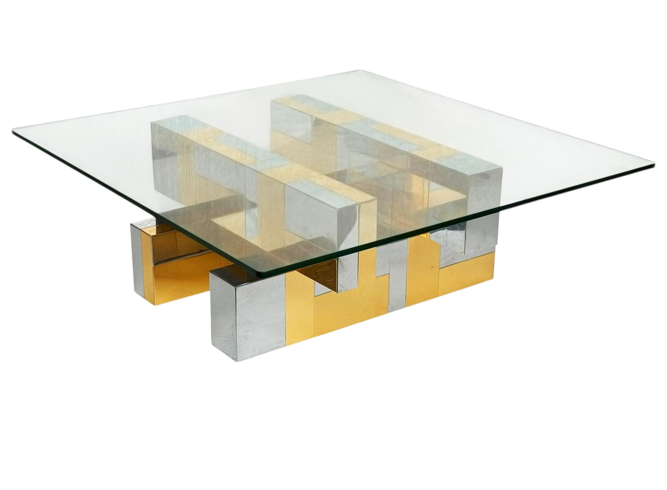 Mid Century Paul Evans Cityscape Brass, Chrome and Glass Square Cocktail Table In Good Condition For Sale In Philadelphia, PA