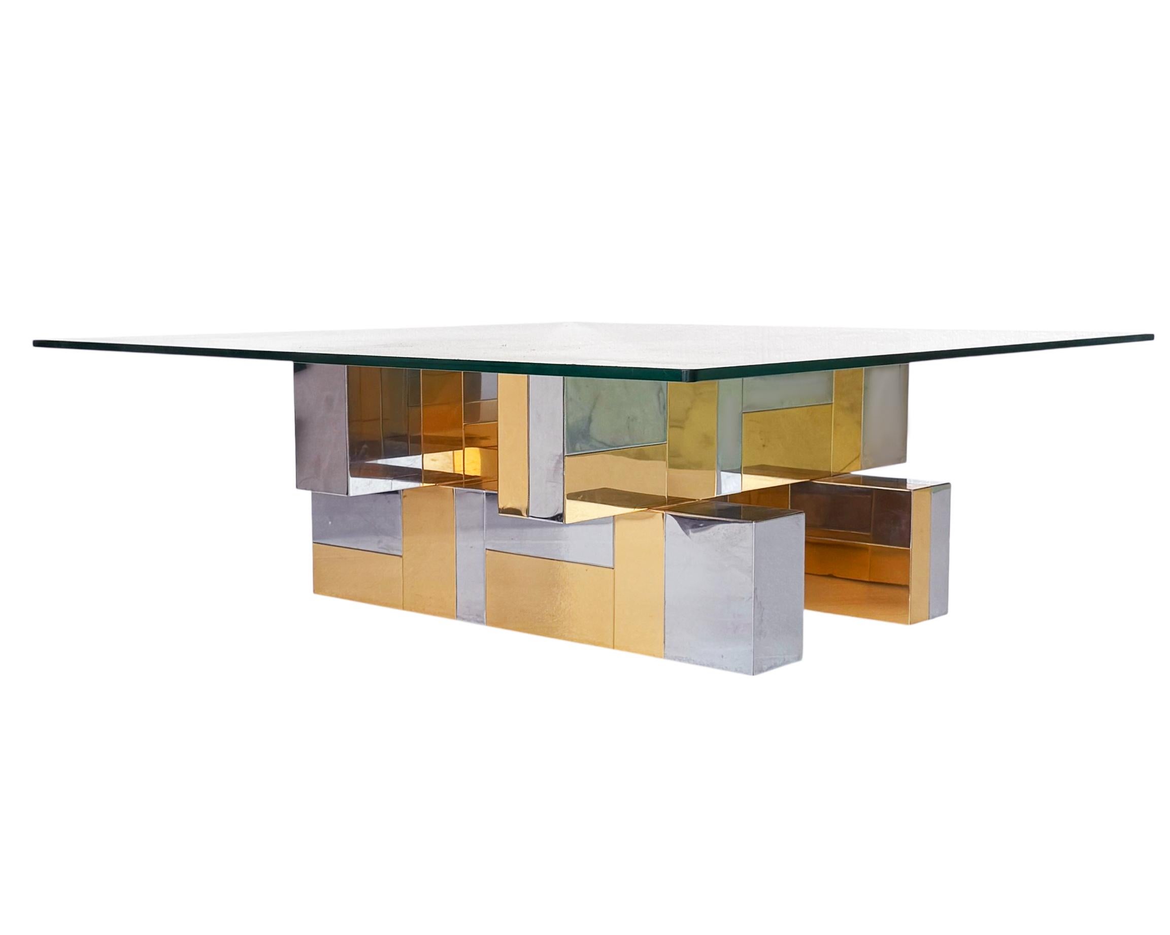 Late 20th Century Mid Century Paul Evans Cityscape Brass, Chrome and Glass Square Cocktail Table For Sale