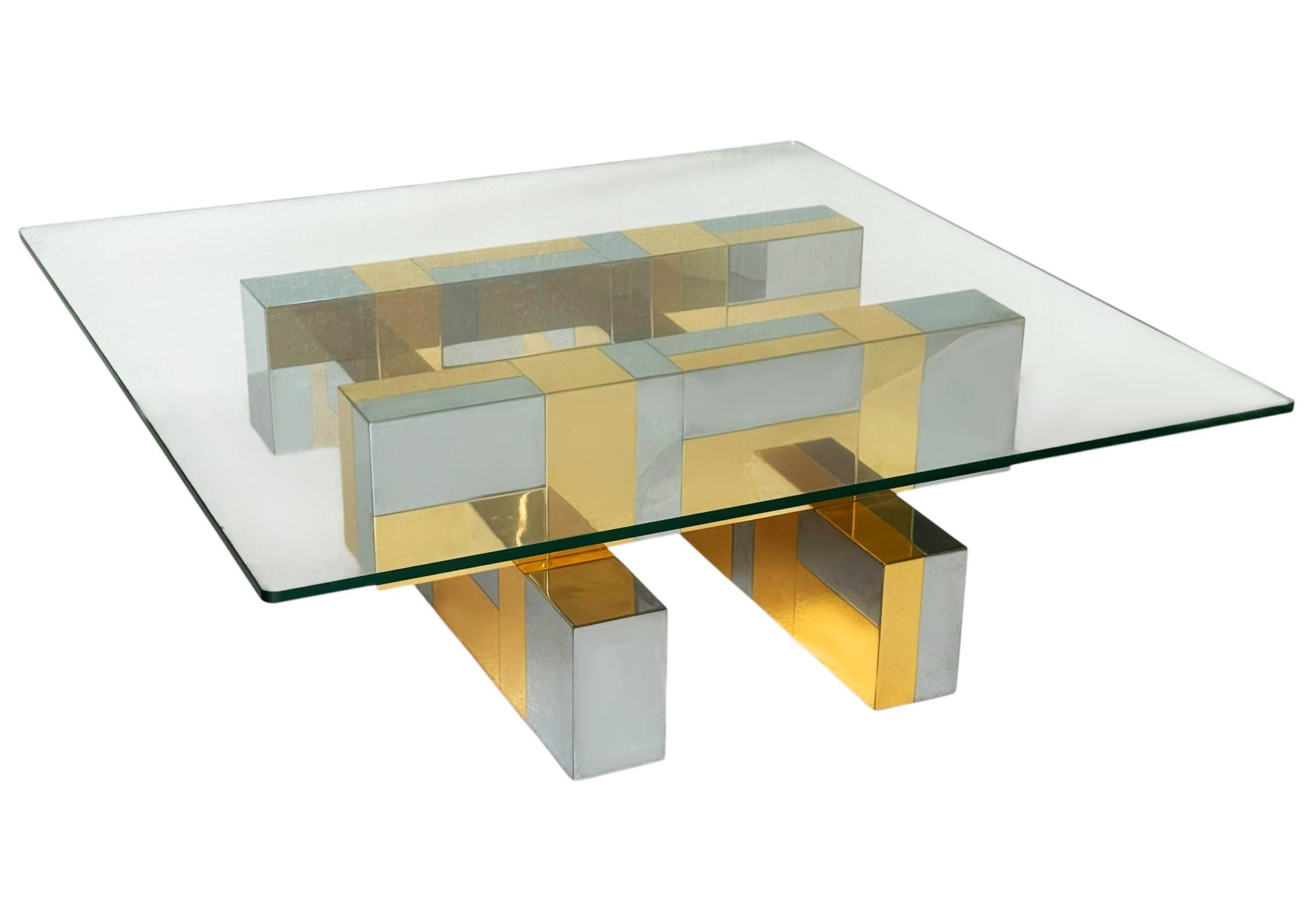 Mid Century Paul Evans Cityscape Brass, Chrome and Glass Square Cocktail Table For Sale 1