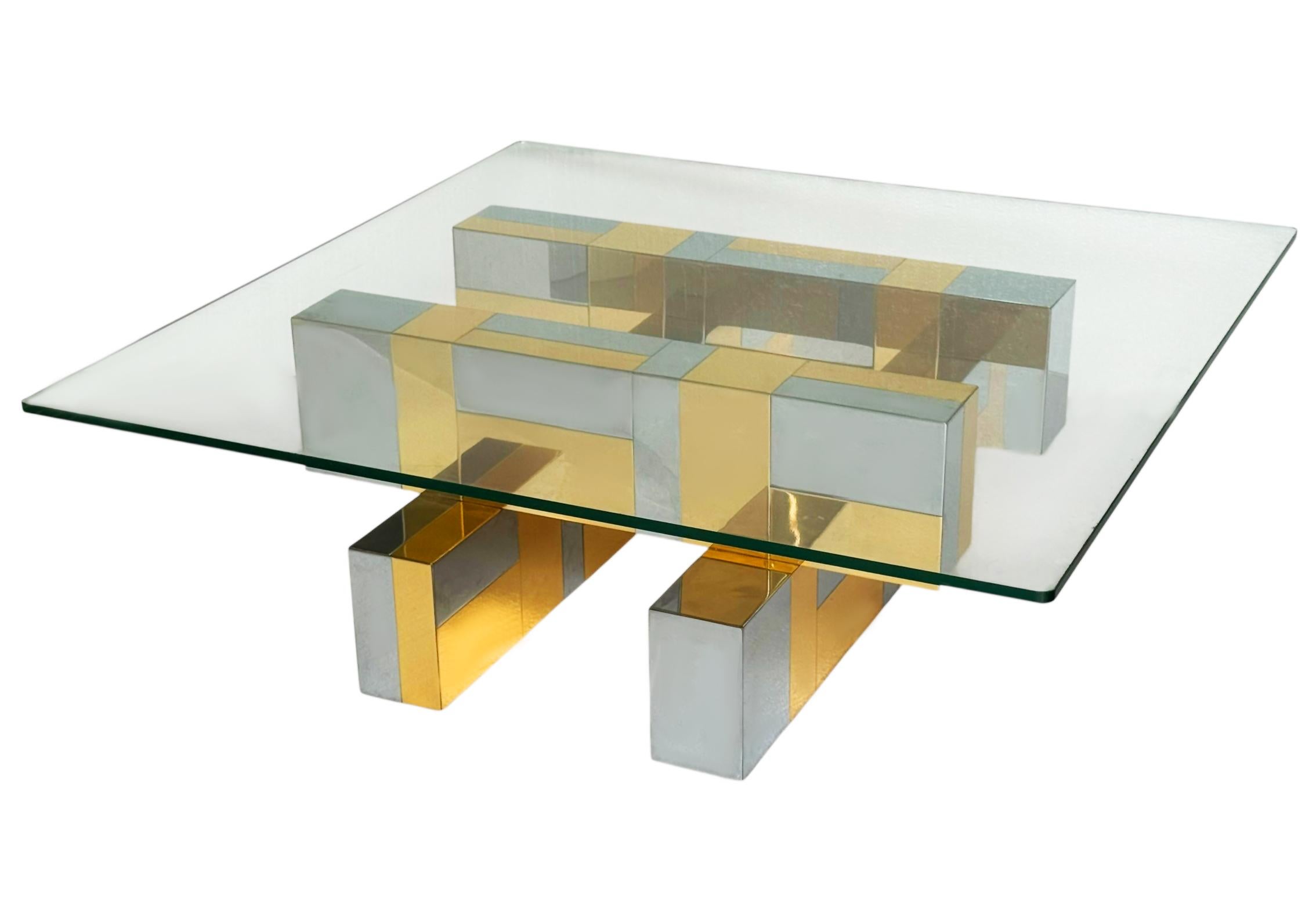 Mid Century Paul Evans Cityscape Brass, Chrome and Glass Square Cocktail Table For Sale 3