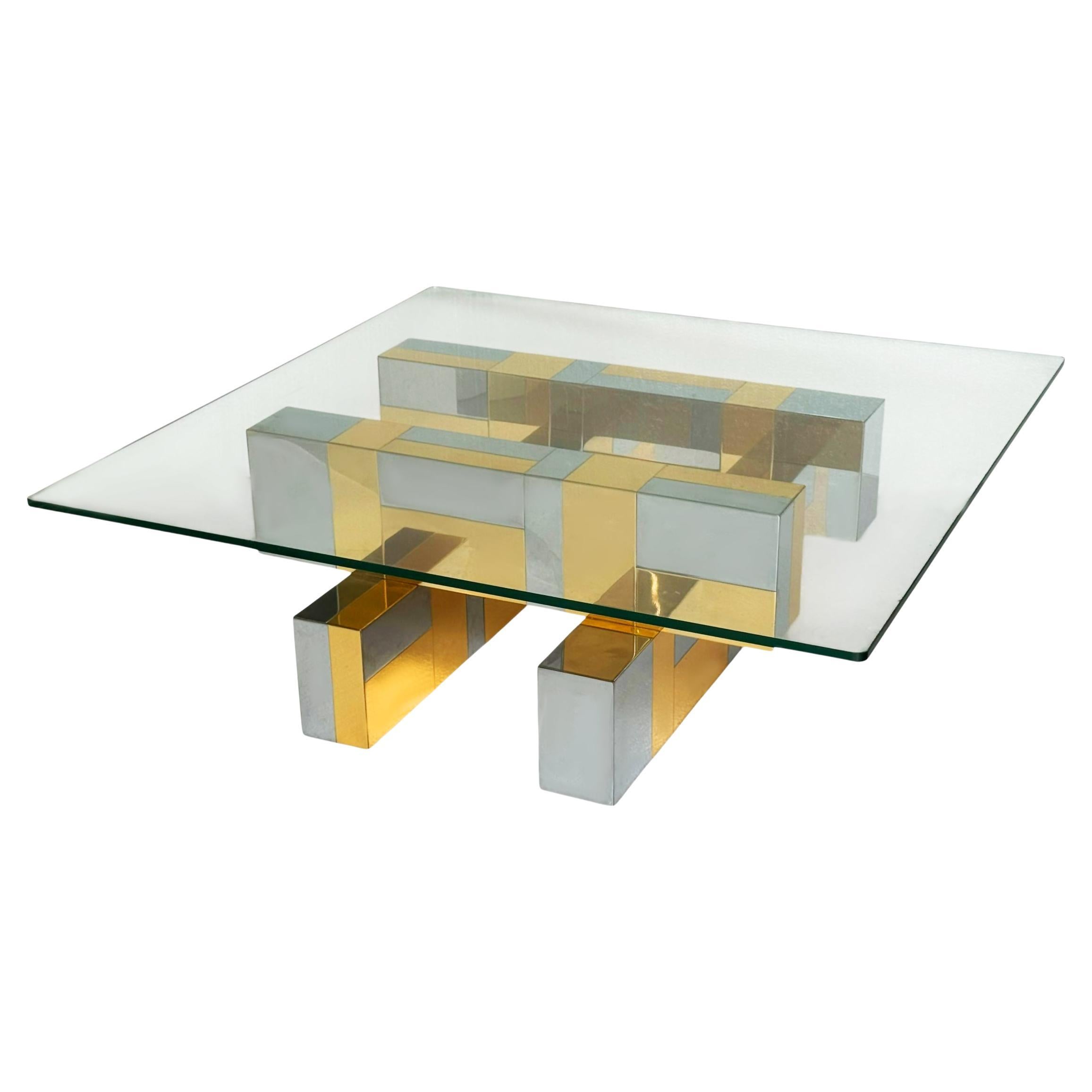 Mid Century Paul Evans Cityscape Brass, Chrome and Glass Square Cocktail Table For Sale