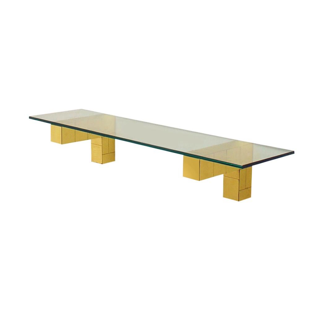 American Mid Century Paul Evans Cityscape Floating Shelf or Console Table Glass & Brass For Sale