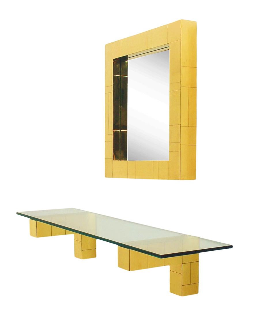 Mid-Century Modern Mid Century Paul Evans Cityscape Wall Mirror & Console Table Shelf in Brass For Sale