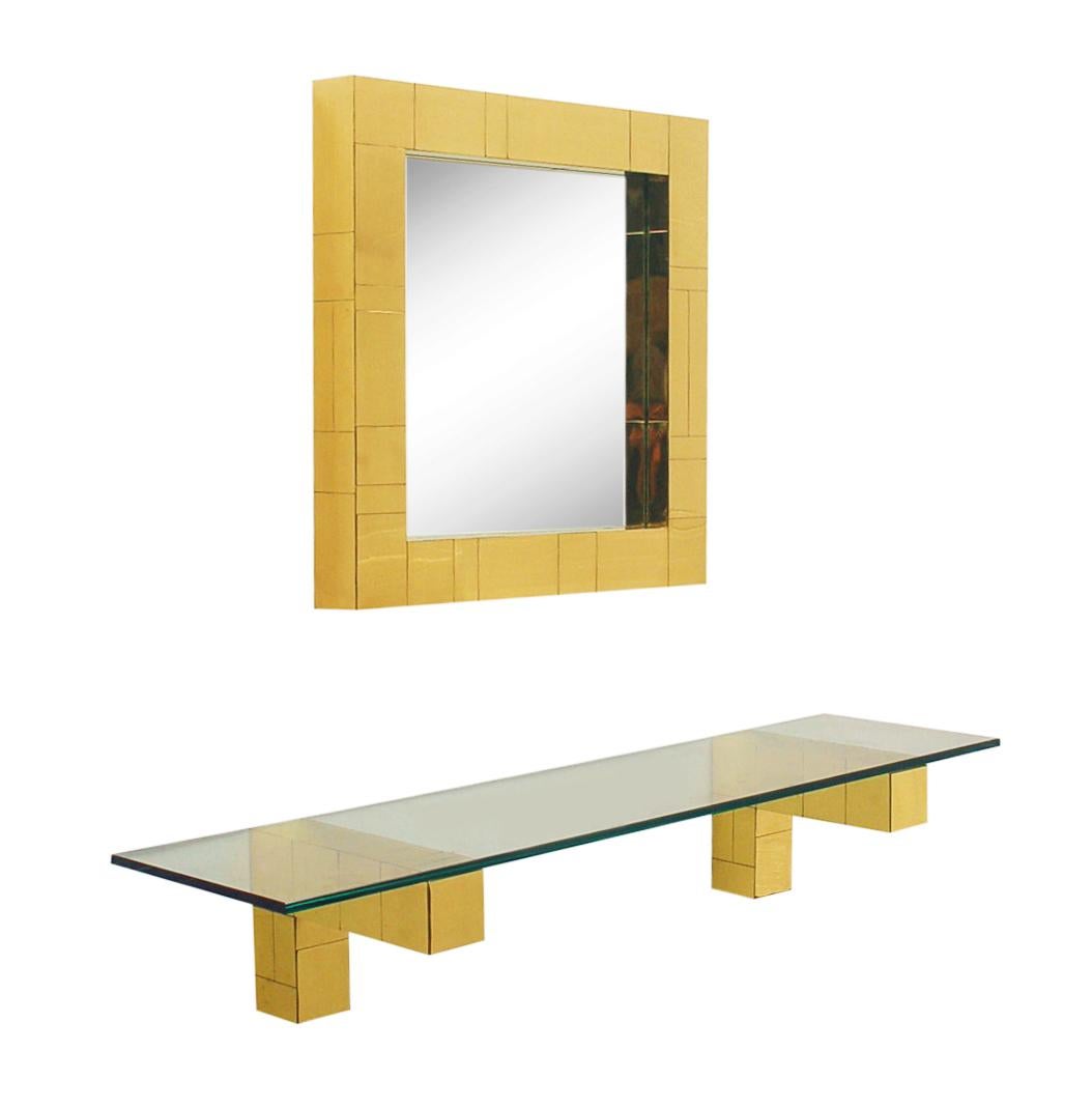 Mid Century Paul Evans Cityscape Wall Mirror & Console Table Shelf in Brass In Good Condition For Sale In Philadelphia, PA