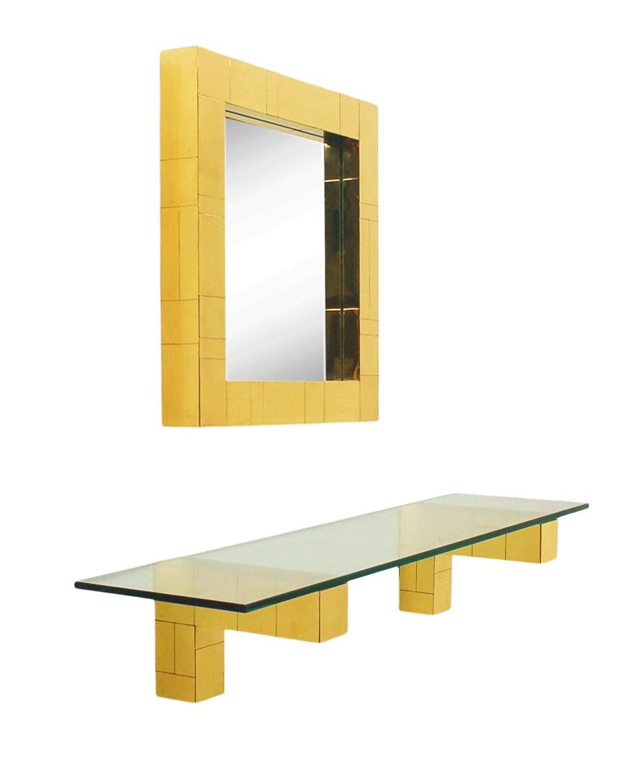 Mid Century Paul Evans Cityscape Wall Mirror & Console Table Shelf in Brass For Sale 1