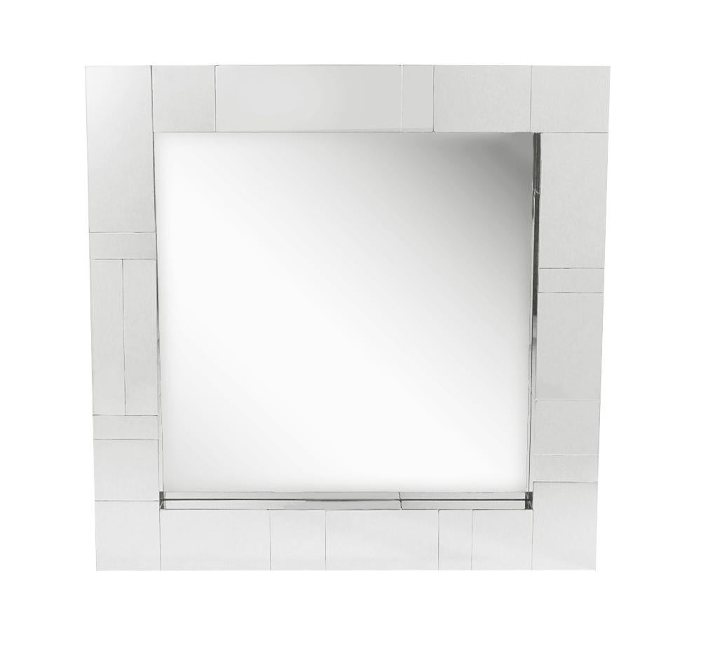 An incredible design combination, a cityscape wall shelf and mirror designed by Paul Evans in the 1970's. The set features fine heavy construction with chrome clad patchwork design. Includes two L shaped wall brackets, wall mirror, and heavy clear