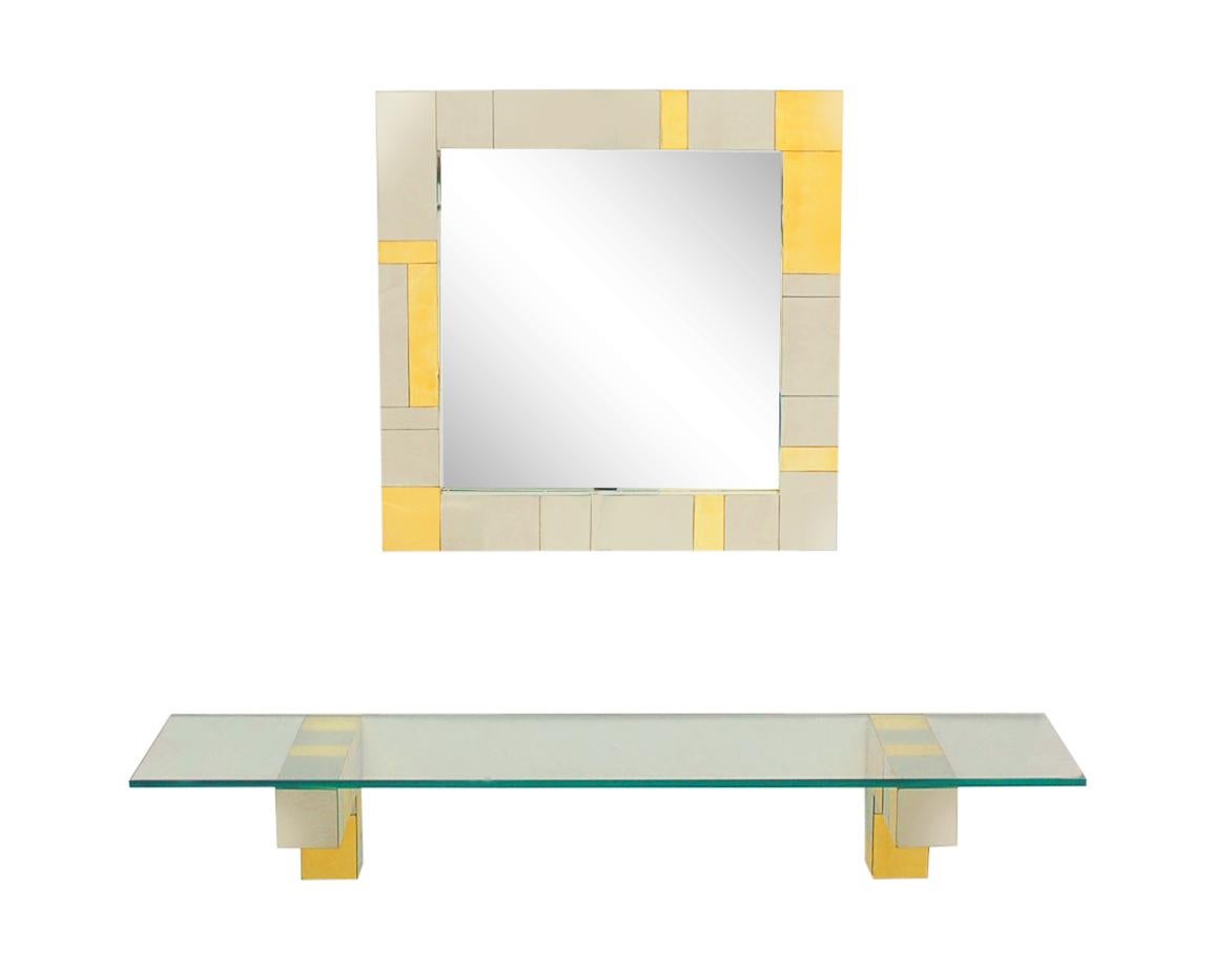 American Mid Century Paul Evans Wall Mirror & Console Table Shelf in Brass & Chrome