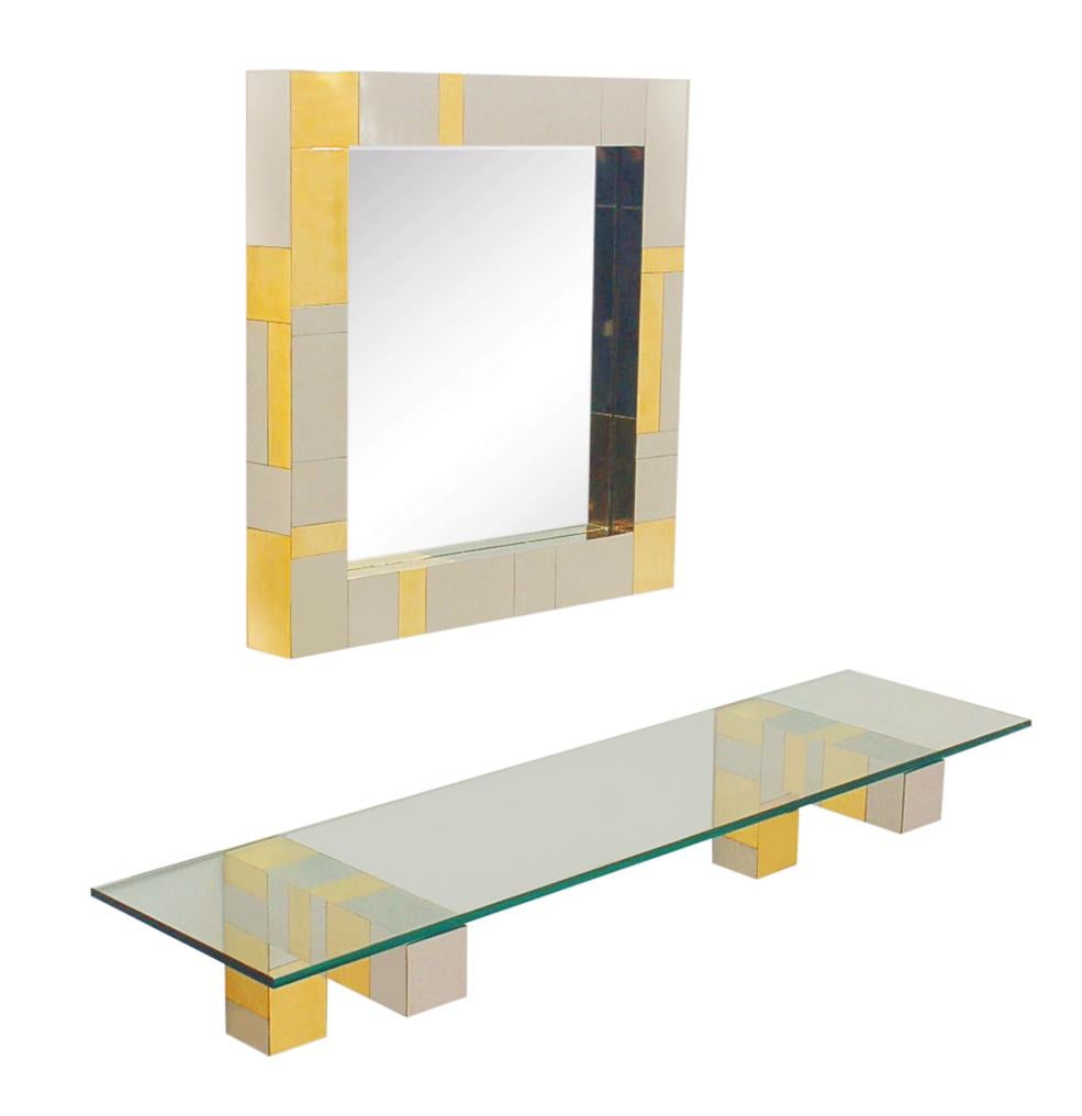 Mid Century Paul Evans Wall Mirror & Console Table Shelf in Brass & Chrome In Good Condition In Philadelphia, PA