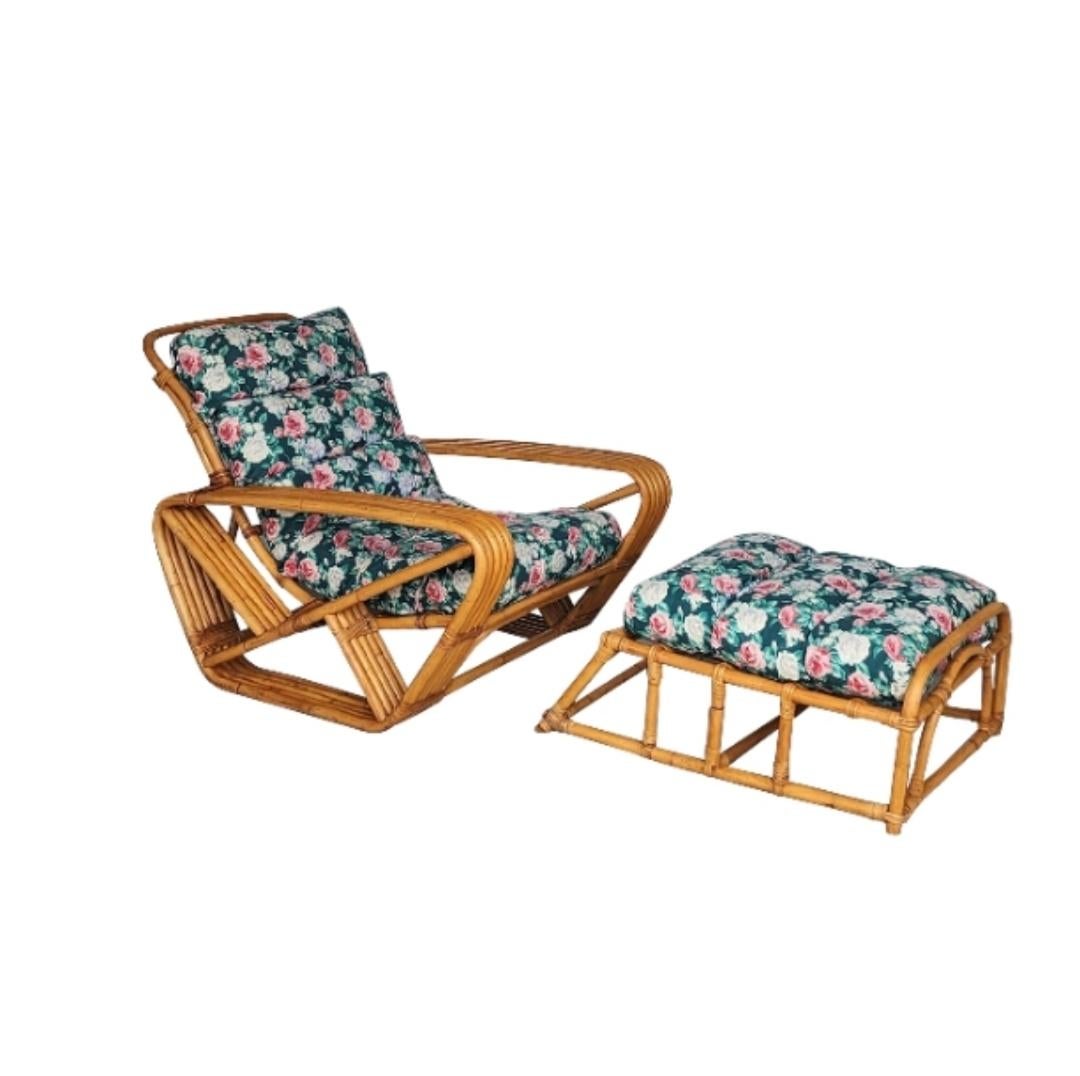 This five-strand rattan lounge chair features stylized pretzel arms with a matching fitted ottoman is in good vintage condition. It has a wonderful design with a classic look. Providing comfort and usability with the Paul Frankl style fitting many