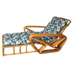 Mid-Century Paul Frankl Rattan Chaise Pretzel Arms Lounge Chair with Ottoman