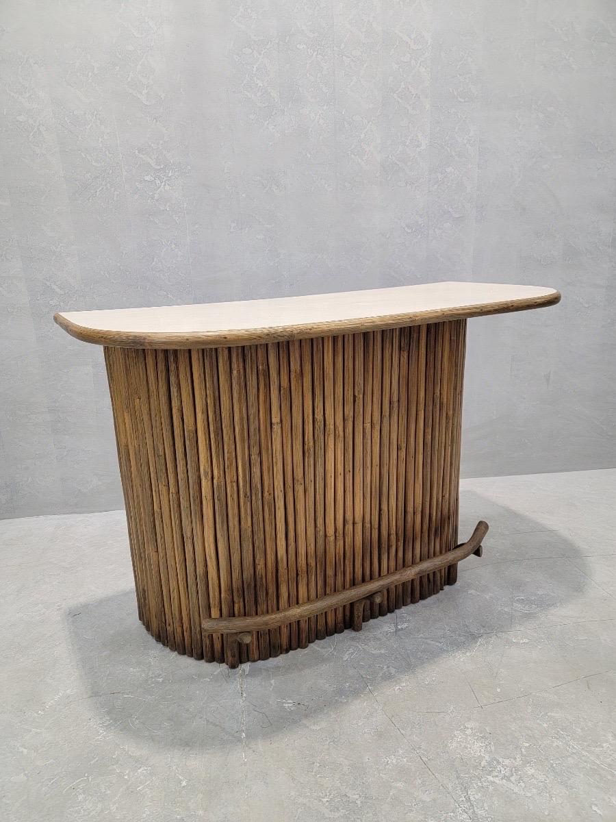 American Mid Century Paul Frankl Style Bamboo Tiki Dry-Bar w/ Pair of Swivel Bar Stools For Sale
