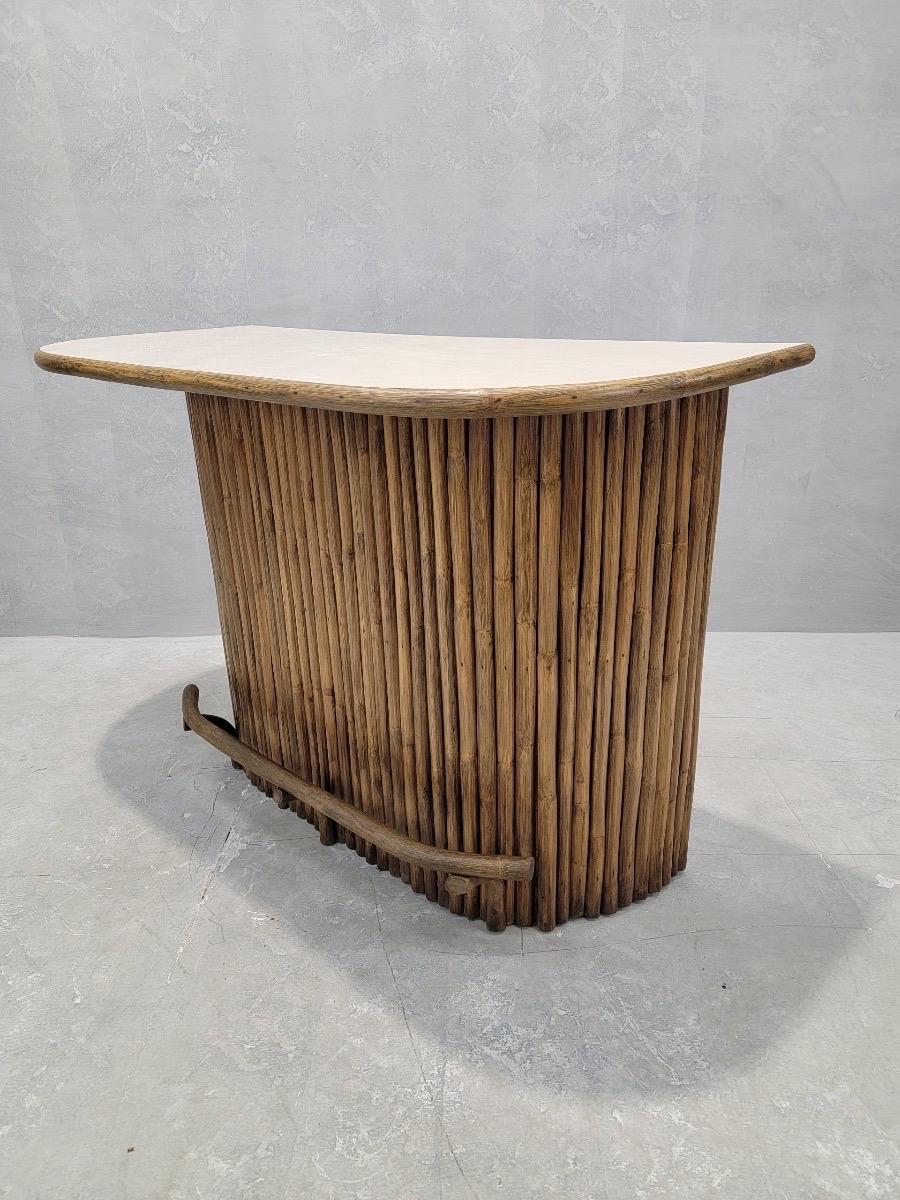 Mid-20th Century Mid Century Paul Frankl Style Bamboo Tiki Dry-Bar w/ Pair of Swivel Bar Stools For Sale