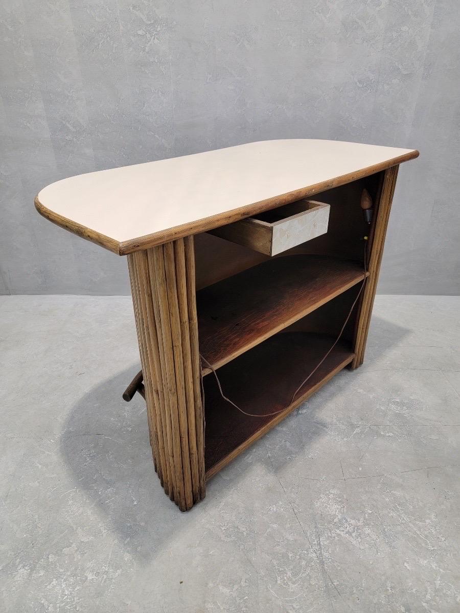 Upholstery Mid Century Paul Frankl Style Bamboo Tiki Dry-Bar w/ Pair of Swivel Bar Stools