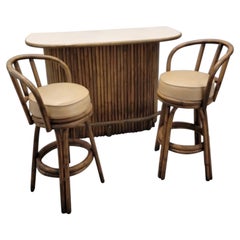 Mid Century Paul Frankl Style Bamboo Tiki Dry-Bar w/ Pair of Swivel Bar Stools