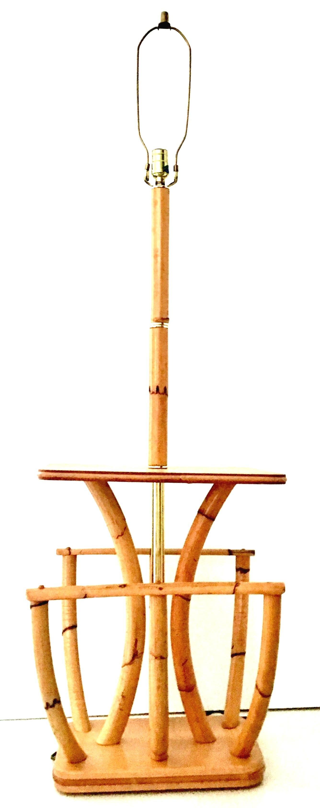 20th Century Mid-Century Paul Frankl Style Rattan Reed & Brass Table Floor Lamp