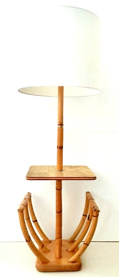 Mid-Century Paul Frankl Style Rattan Reed & Brass Table Floor Lamp