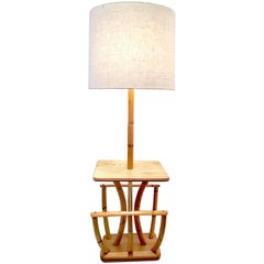 Midcentury Paul Frankl Style Rattan Reed and Brass Table Floor Lamp