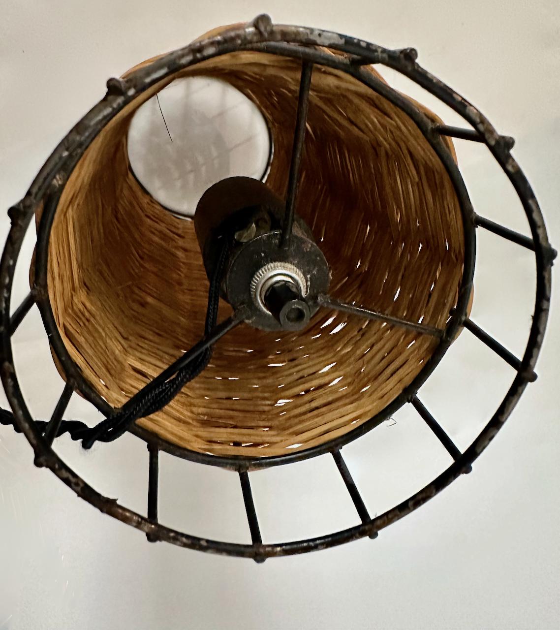 Mid Century Paul Mayen Habitat Style Black Wire & Woven Rattan Lamp, 1960s For Sale 4