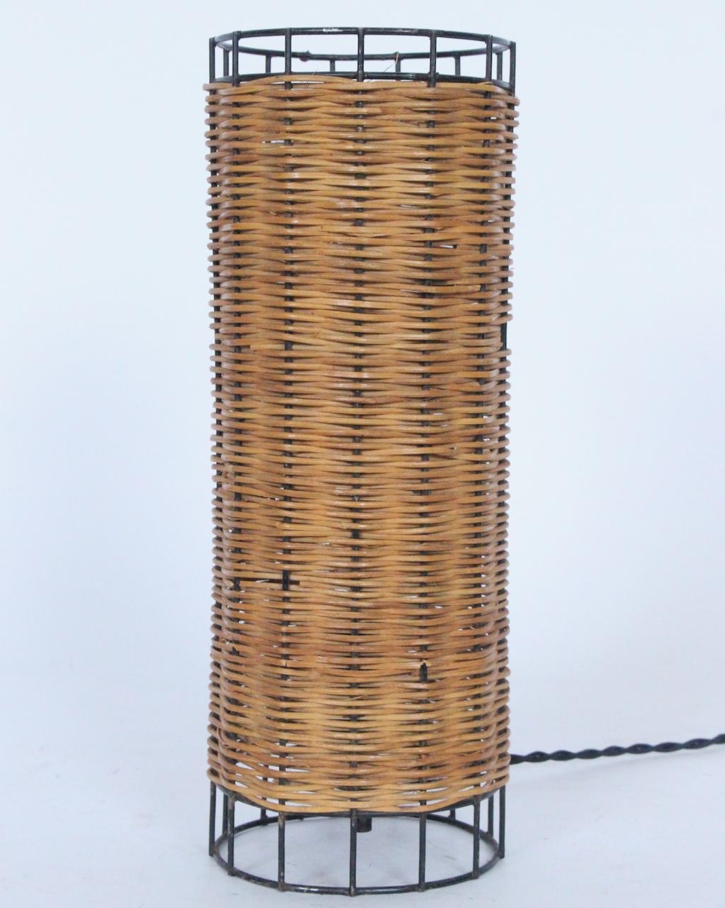 Mid Century Paul Mayen Habitat Style Black Wire & Woven Rattan Lamp, 1960s For Sale 8