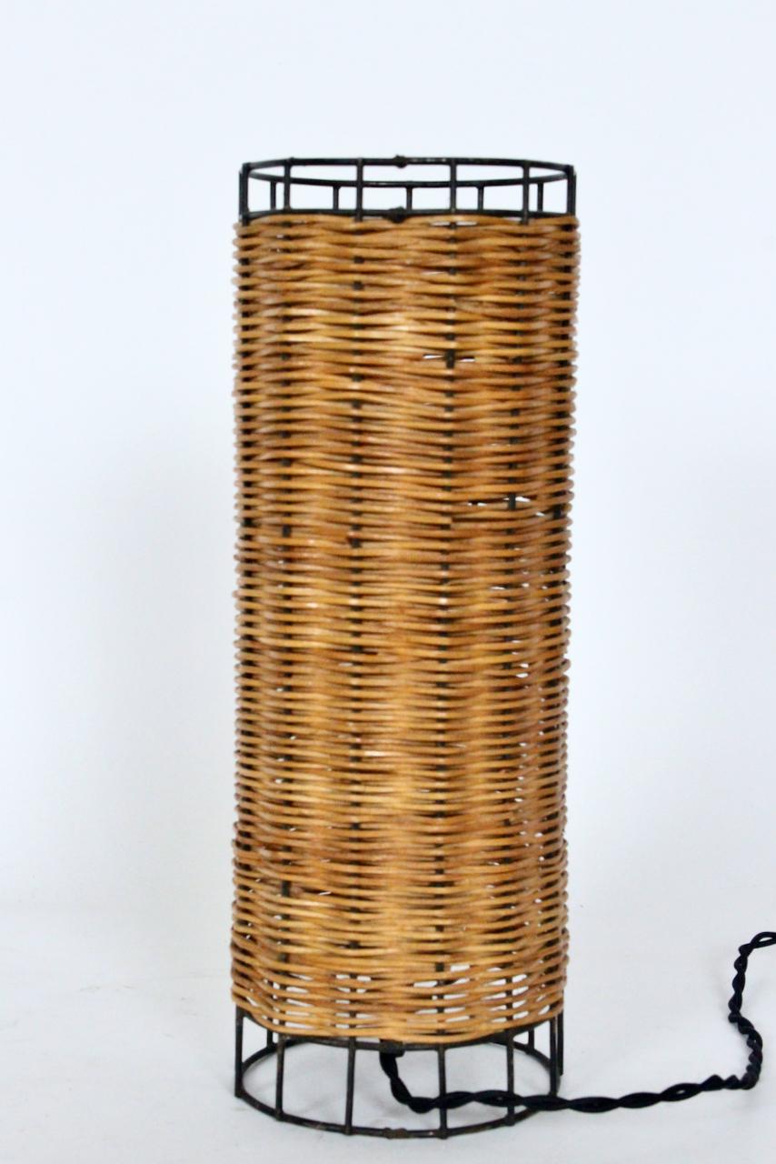 Mid Century Paul Mayen Habitat Style Black Wire & Woven Rattan Lamp, 1960s For Sale 9