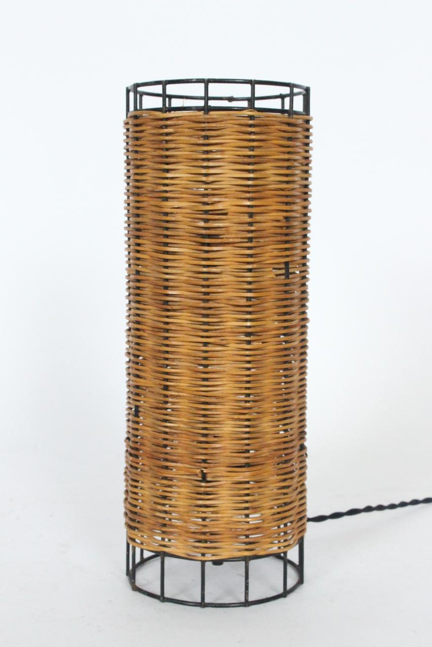 American Mid Century Paul Mayen Habitat Style Black Wire & Woven Rattan Lamp, 1960s For Sale