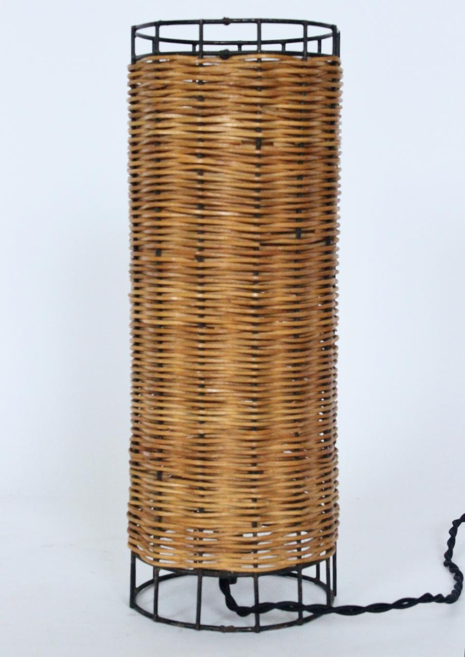 Enameled Mid Century Paul Mayen Habitat Style Black Wire & Woven Rattan Lamp, 1960s For Sale