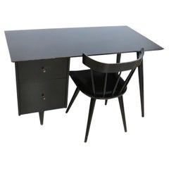 Mid century Paul McCobb #1560 Double Drawer Desk Black Lacquer with chair