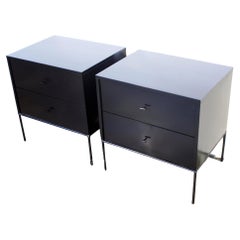 Mid century Paul McCobb 2-Drawer #1503 Nightstands Black Lacquer T Pulls