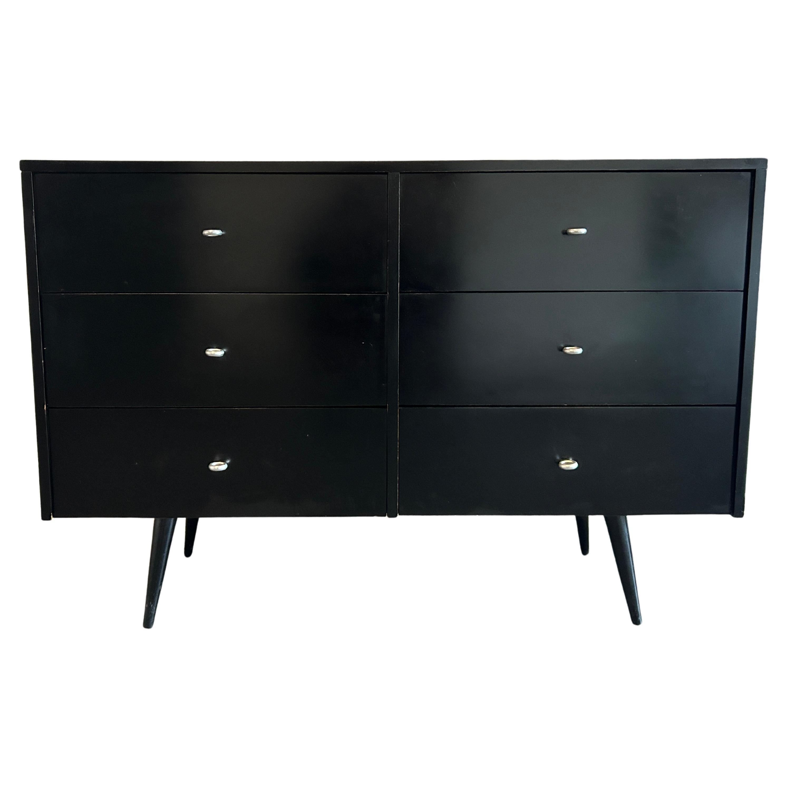 Midcentury Paul McCobb Black 6 Drawer Dresser Credenza #1509 Ring Pulls For Sale